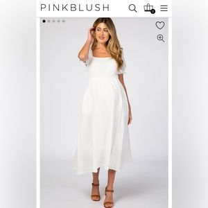 PINKBLUSH White Smocked Puff Sleeve Maternity Midi Dress